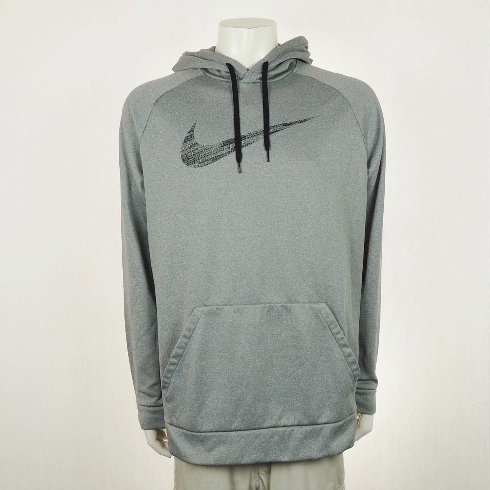 Nike Pullover Hoodie Mens XL Heather Gray Dri-Fit Graphic Swoosh Therma Hooded
